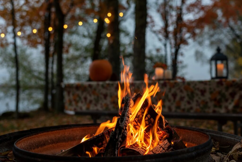 Glowing campfire in autumn